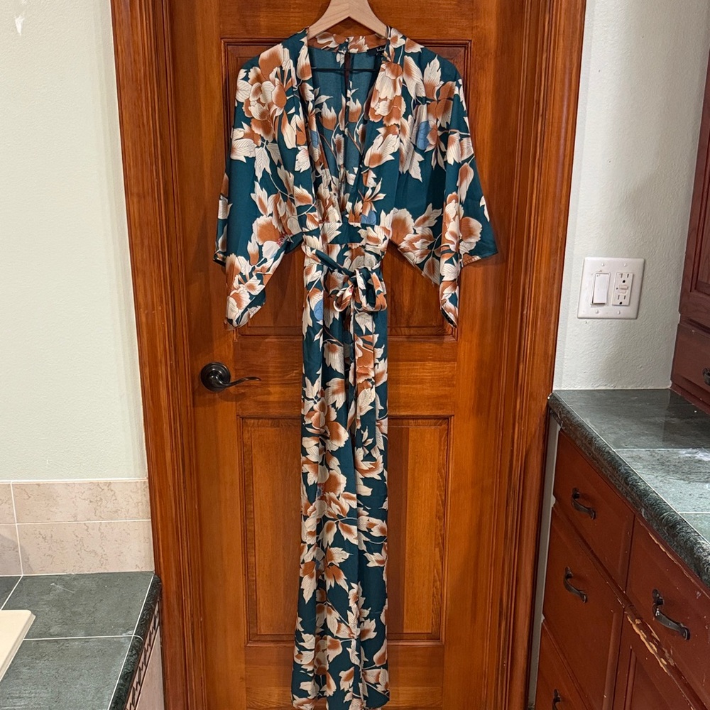 Lulu's Teal Wide-Leg Floral Jumpsuit with Cream & Brown Flowers